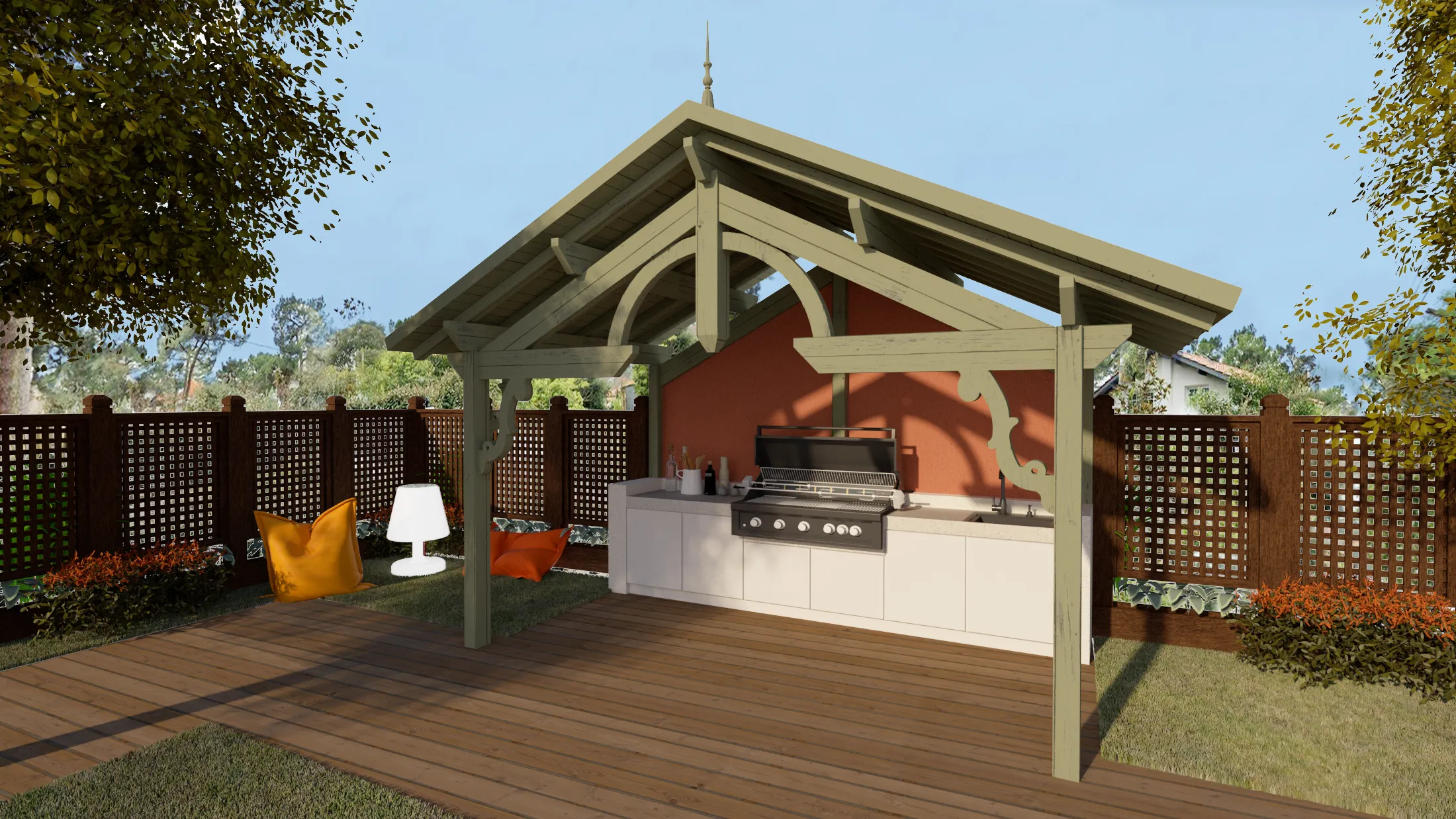Projet Cap Marine - Projet habitat particulier à Arcachon en Gironde, proche de Bordeaux. Dessin et étude d'une extension extérieur pour l'installation d'une cuisine d'été. Visuels 3d et plans techniques Alexandre Cousseau architecte d'intérieur Pays de la Loire