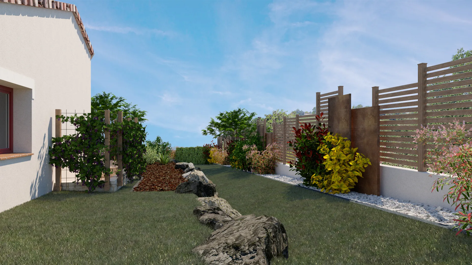 Projet Bellevue 4 - Projet habitat particulier d'un jardin extérieur à Mortagne sur sèvre en Vendée, proche de la Roche sur Yon.
Aménagement d'un extérieur, jardin et terrasse 
Alexandre Cousseau architecte d'intérieur à Redon Pays de la Loire