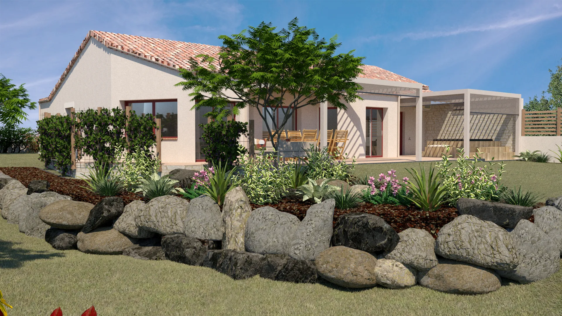 Projet Bellevue - Projet habitat particulier d'un jardin extérieur à Mortagne sur sèvre en Vendée, proche de la Roche sur Yon.
Aménagement d'un extérieur, jardin et terrasse 
Alexandre Cousseau architecte d'intérieur à Redon Pays de la Loire