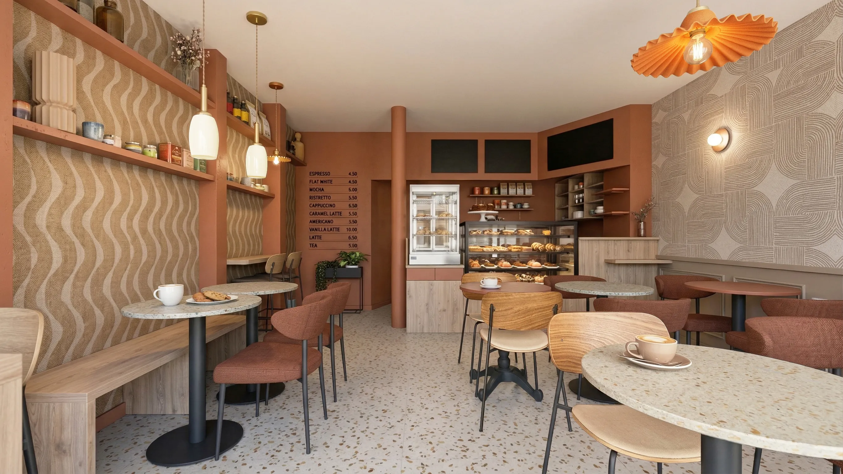 Aménagement d’un restaurant salon de thé à Saint Nazaire : concept global, esthétique forte pensé pour l'expérience client et l'attractivité du restaurant. Alexandre Cousseau, Architecte d’intérieur à Redon.