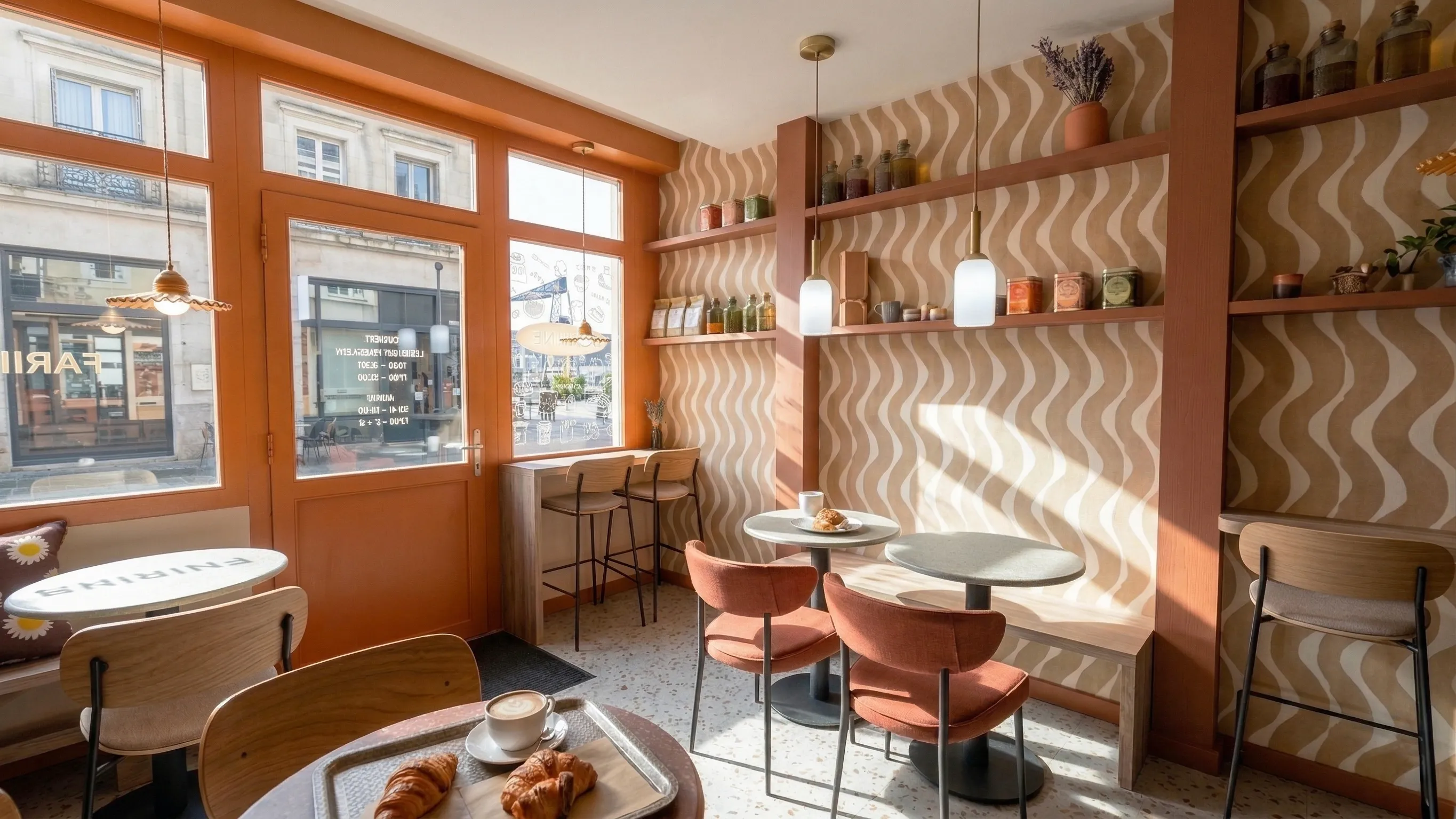 Aménagement d’un restaurant salon de thé à Saint Nazaire : concept global, esthétique forte pensé pour l'expérience client et l'attractivité du restaurant. Alexandre Cousseau, Architecte d’intérieur à Redon.