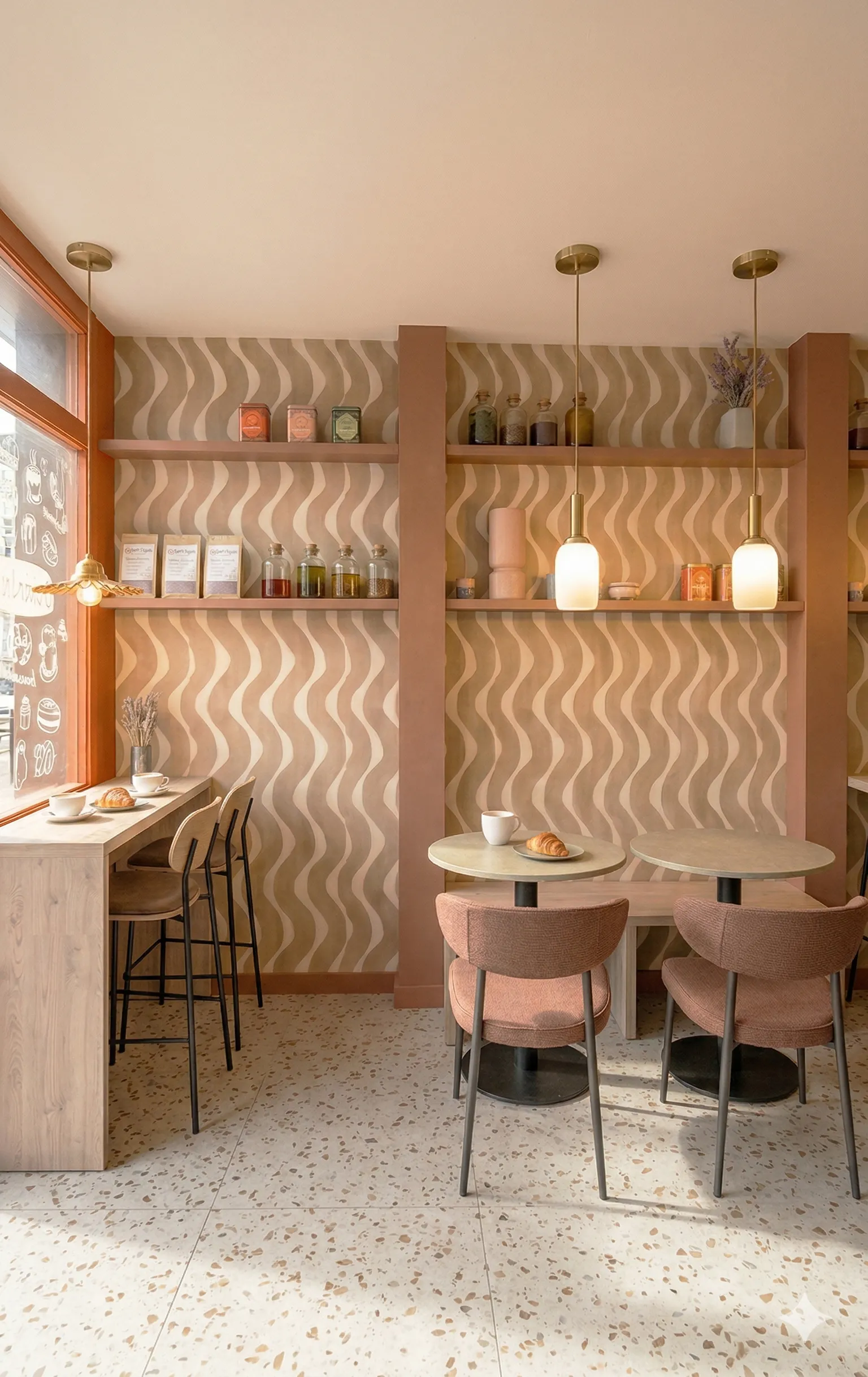 Aménagement d’un restaurant salon de thé à Saint Nazaire : concept global, esthétique forte pensé pour l'expérience client et l'attractivité du restaurant. Alexandre Cousseau, Architecte d’intérieur à Redon.
