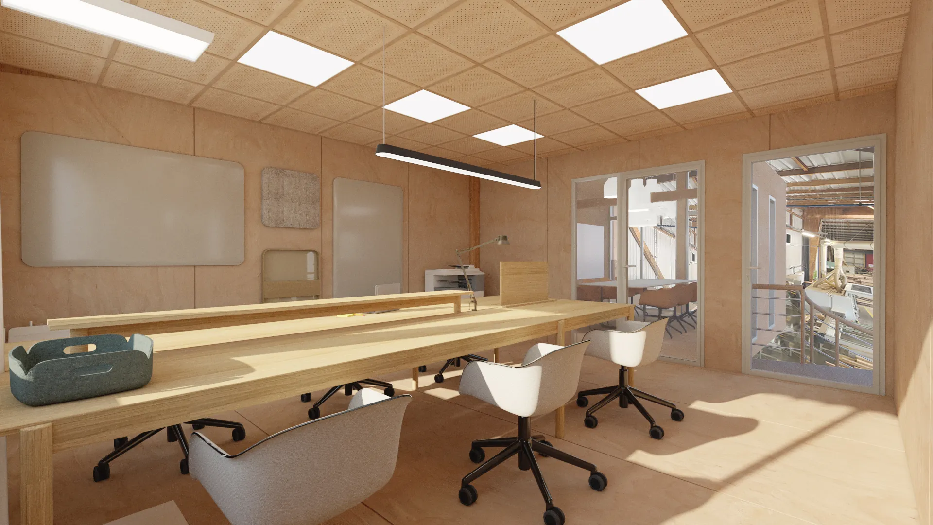 Projet Perrot - Projet professionnel tertiaire Angers dans le Maine et Loire proche de Cholet. 
Création d'une salle de réunion dans un atelier de production pour un atelier de menuiserie. Alexandre Cousseau architecte d'intérieur Pays de la Loire