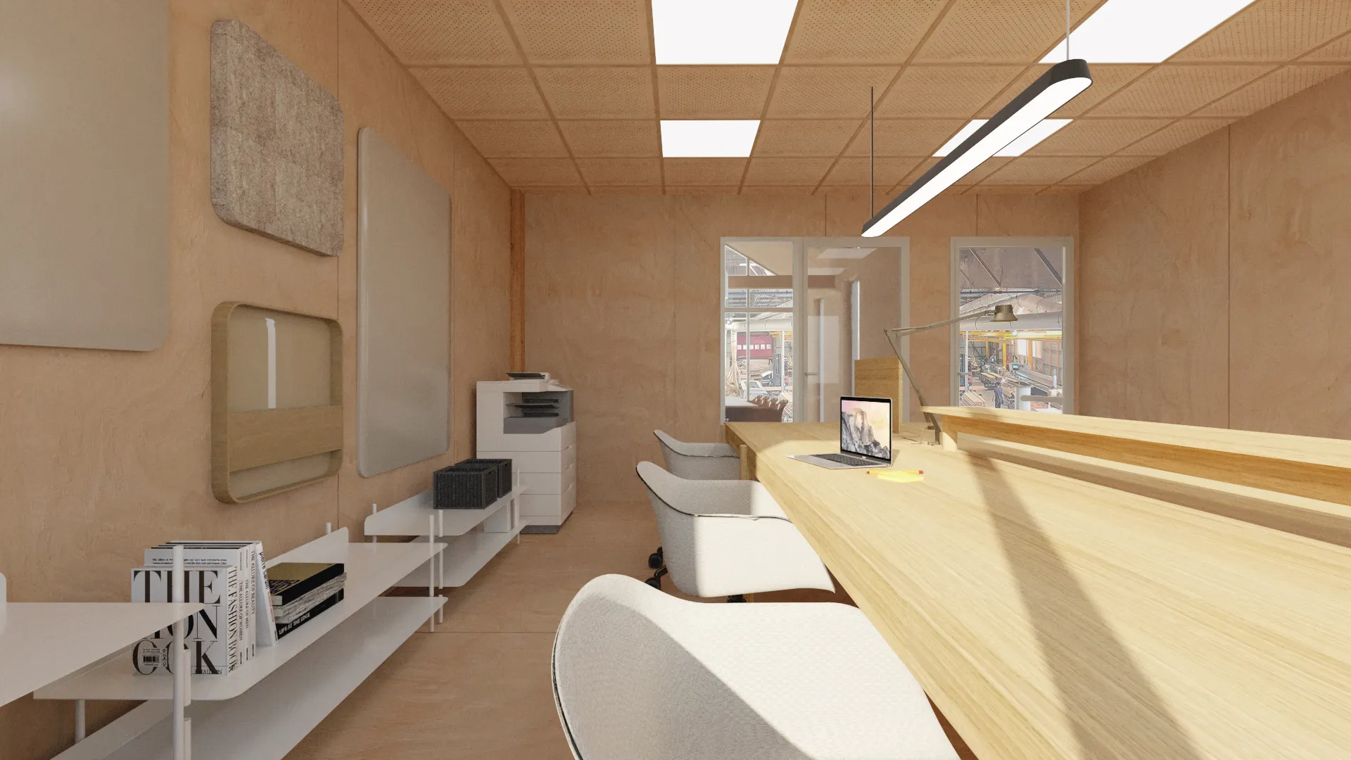 Projet Perrot - Projet professionnel tertiaire Angers dans le Maine et Loire proche de Cholet. 
Création d'une salle de réunion dans un atelier de production pour un atelier de menuiserie. Alexandre Cousseau architecte d'intérieur Pays de la Loire
