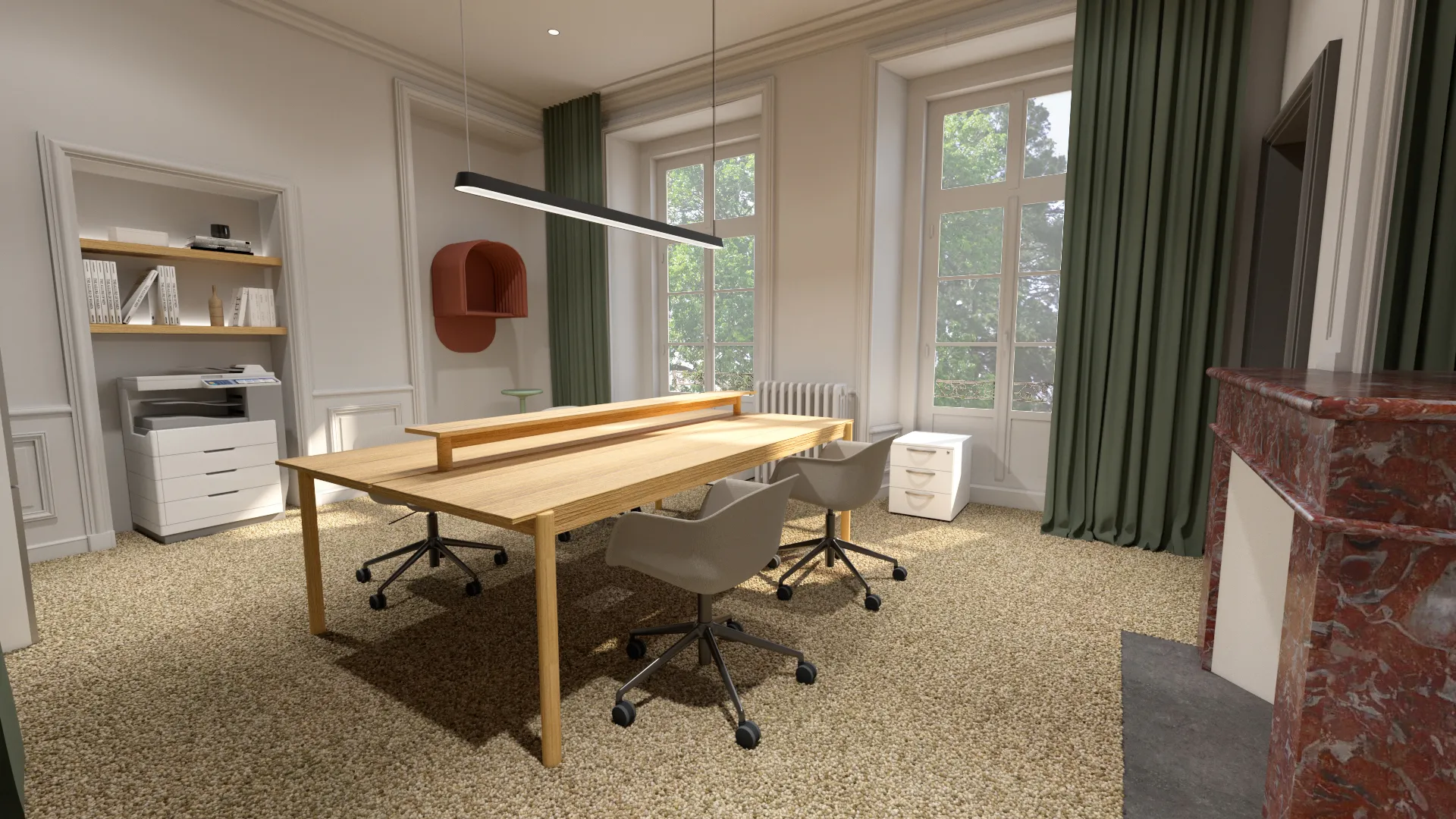 Projet Persagotière - Projet professionnel de bureaux Nantes en Loire Atlantique proche de Redon. Réhabilitation d'un château classé au patrimoine en espace de travail partagés : bureaux de coworking.
Contexte de télétravail. Alexandre Cousseau architecte d'intérieur à Redon Pays de la Loire